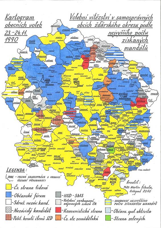 Kartogram výsledků obecních voleb na Žďársku v roce 1990.