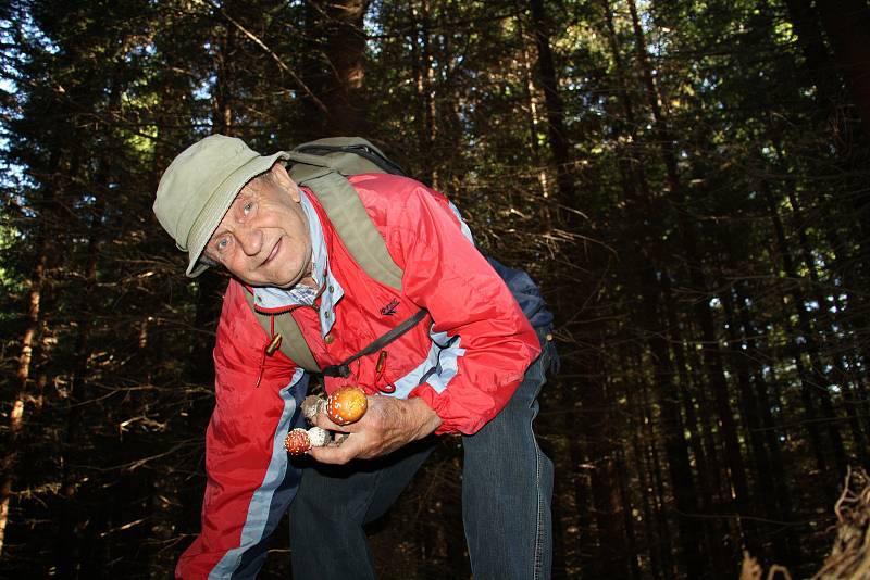 Oldřich Pojezný (na fotografii) sbírá houby nejen pro vlastní spotřebu, ale také na nejrůznější výstavy. To pak naplní košík i houbami nejedlými a jedovatými.