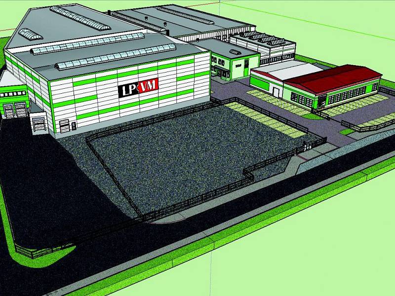 3D vizualizace rozšířeného areálu LPVM. Vpravo zepředu parkoviště a krytý sklad, za nimi administrativní budova, nástrojárna a stávající výrobní hala. V části nalevo vyroste nová skladovací hala (budova vpředu) s kapacitou 5000 EURO-palet.