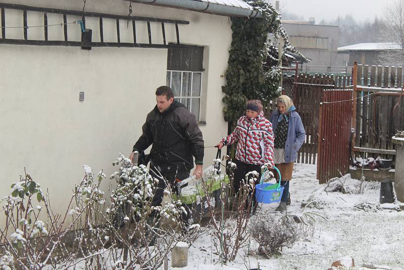 Veterináři z Krajské veterinární správy v Jihlavě utratili šest slepic a kohouta také v sousedním chovu Marty Němcové. Utracenou drůbež odnášejí v pytlích, aby udělali v laboratořích další rozbory.