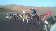 Cesta Saharou na velbloudech a sledování slunce. 