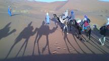 Cesta Saharou na velbloudech a sledování slunce. 