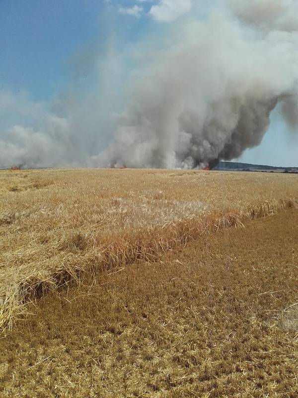 Požár obilí u obce Slibovice 2. července 2019.