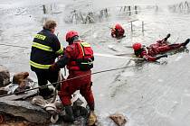 Z nácviku záchrany tonoucího profesionálními hasiči v prostorách přístaviště u hradeb v Nymburce.
