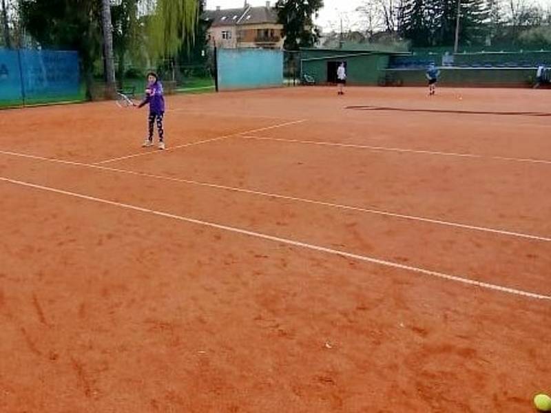 Z tréninku dětí na tenisových antukových kurtech v Poděbradech.
