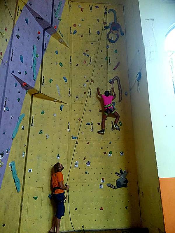 Hned první den si děti vyzkoušely cvičení na tyčích a zavítaly také do Sokolovny, kde jim byla k dispozici lezecká stěna.