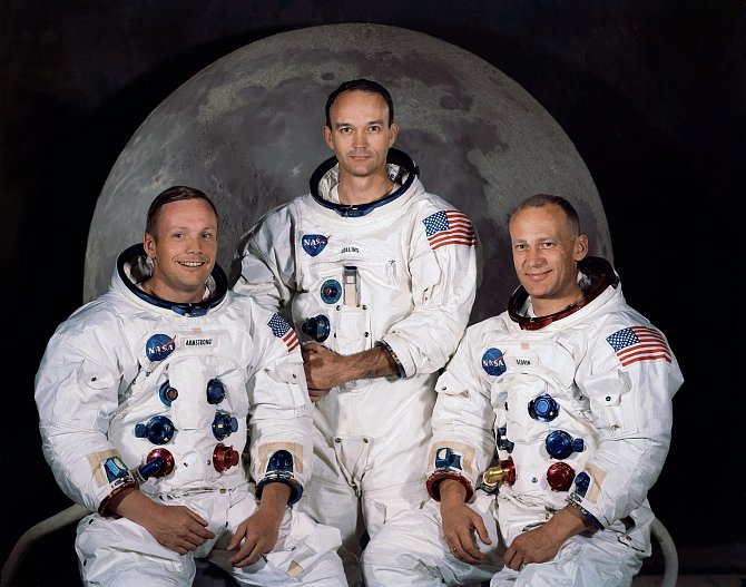 Posádka Apolla 11 v roce 1969. Zleva: Neil Armstrong, Michael Collins, Edwin Aldrin.