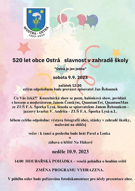 Pozvánka na slavnost v zahradě školy u příležitosti 520 let obce Ostrá.