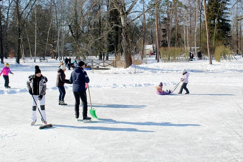 Zamrzlé rybníky v Polabci i zdejší Jezero přilákaly o víkendu desítky bruslařů.