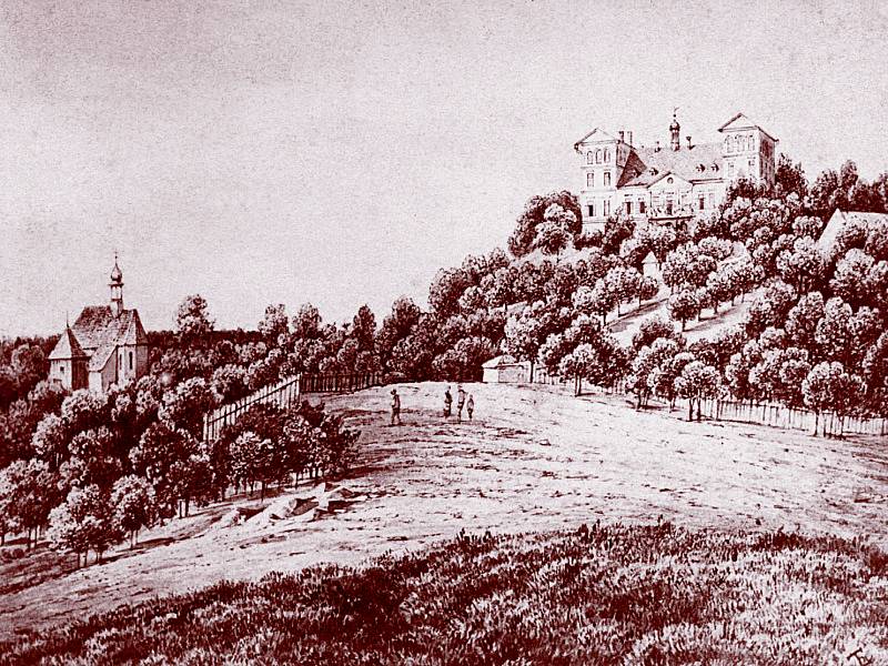 Kostel a zámek, kresba Mcel z roku 1863
