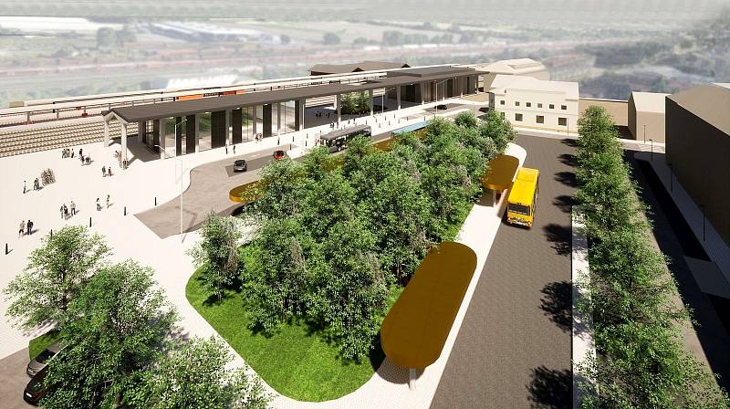 Orientační vizualizace, jak by mohlo nymburské nádraží vypadat bez historické výpravní budovy po rekonstrukci.