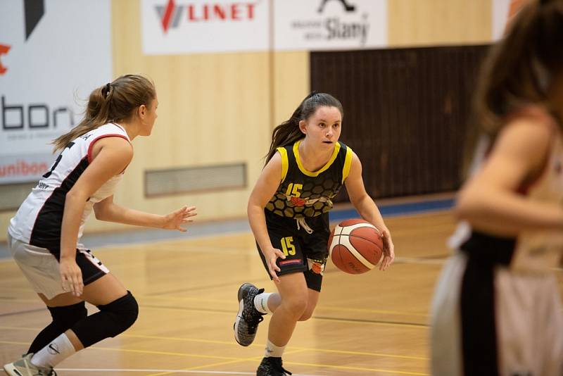 Z basketbalového utkání žákovské ligy starších žákyň U15 Slaný - Sadská 51:59