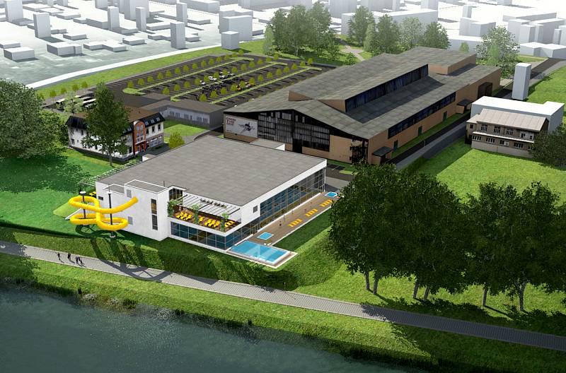 Vizualizace budoucího nového bazénu v Nymburce na labském břehu u zimního stadionu.