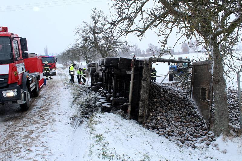 Řidič pravděpodobně nezvládl zatáčku s uklouzaným sněhem a hned za ní sjel vpravo mimo silnici, kde se převrátil na bok. Z návěsu se na pole vysypaly metráky bílé řepy.