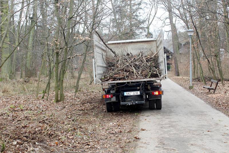 Úpravy v Oboře probíhají také podél hlavní stezky mezi Jízdárnou a restaurací Obora, kde jsme zachytili pracovníky s naším objektivem právě ve chvíli, kdy opravovali píchlé kolo u jednoho z pomocných strojů.