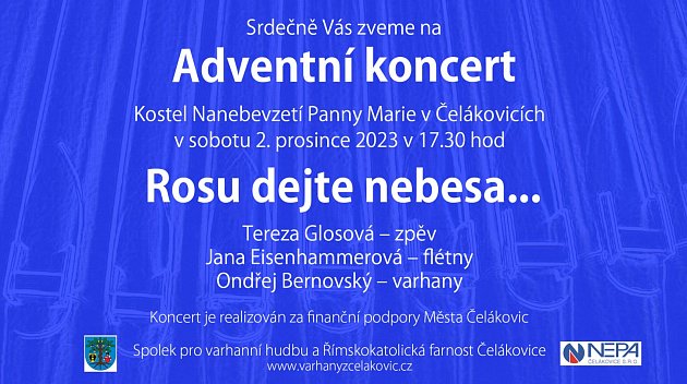 Pozvánka na adventní koncert s názvem s názvem Rosu dejte nebesa… v kostele Panny Marie v Čelákovicích.