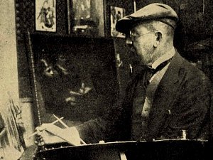 Poděbradský rodák Ludvík Kuba (1863 - 1956) při práci ve svém ateliéru.