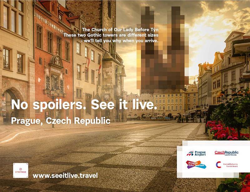 Kampaň No Spoilers. See It Live lákající Američany k cestě do Prahy.