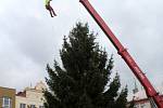 Na Nymburské náměstí dorazil v pondělí dopoledne Vánoční strom.