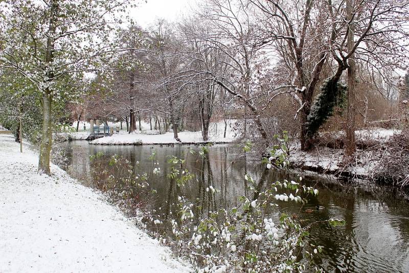 První sníh zimní sezony 2020/2021 v Nymburce.