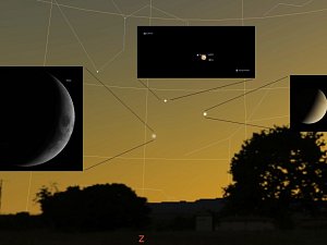 Situace na západní obloze v sobotu 20. června kolem  22. hodiny SELČ. (Detailnější vzhled všech tří objektů).