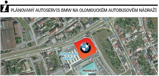 Chystané umístění autoservisu BMW v areálu autobusového nádraží Olomouc