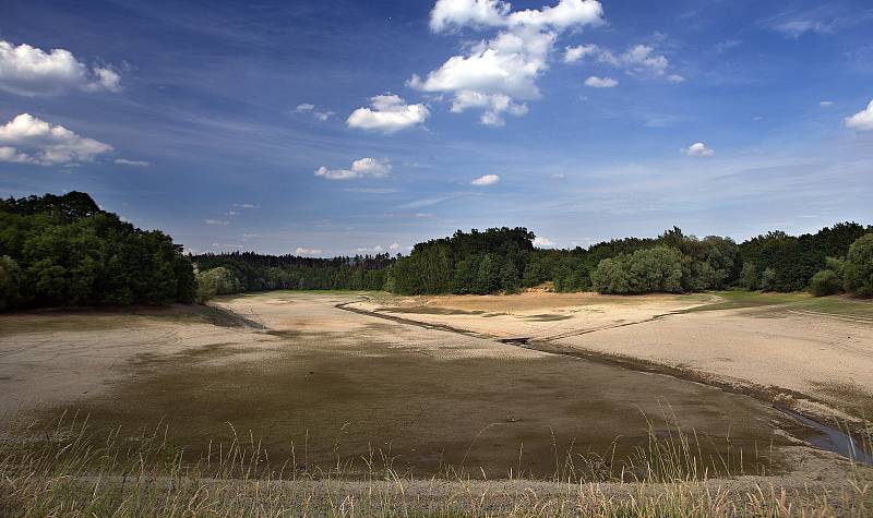 Vypuštěná vodní nádrž Tršice na říčce Olešnice.