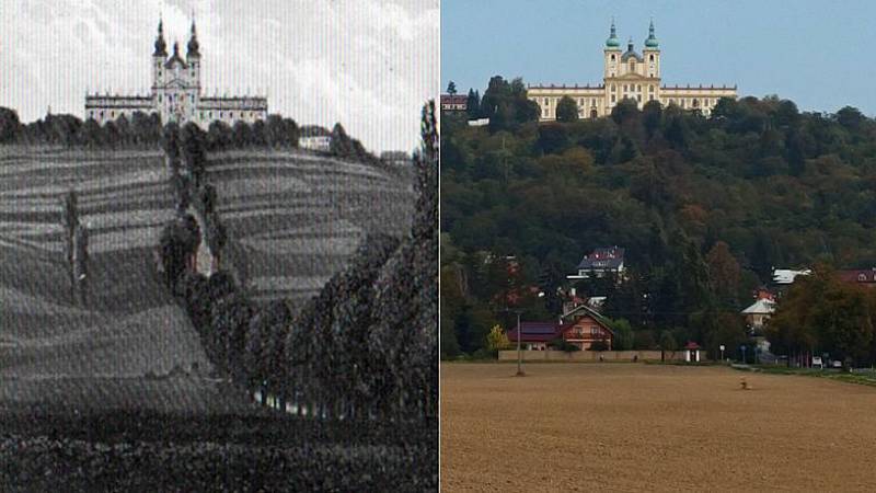 Alej na Svatý Kopeček kolem roku 1890 (vlevo) a nyní