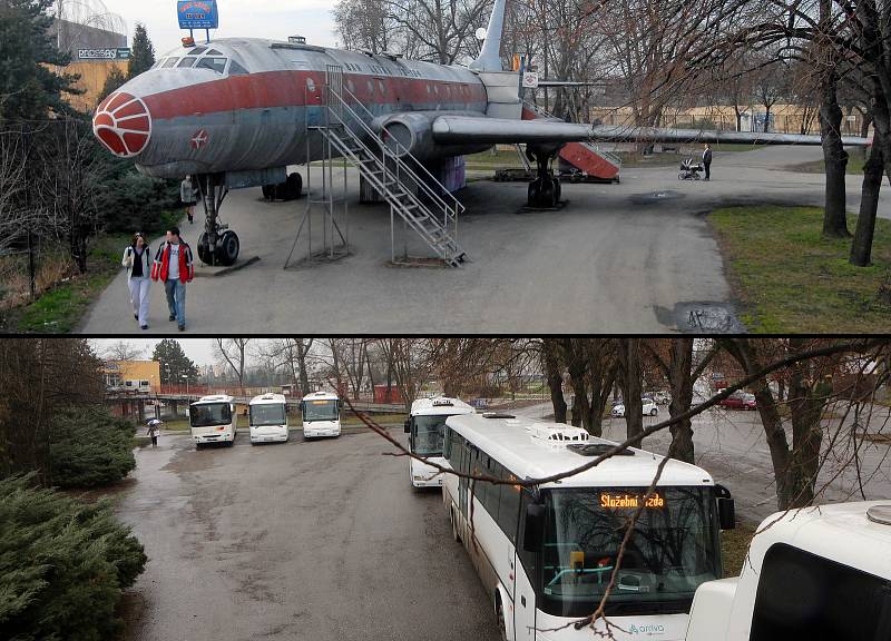 Letadlo bar TU-104 u plaveckého stadionu v Olomouci na archivním snímku (nahoře) a jeho bývalé stanoviště na aktuálním snímku z roku 2018