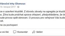 O téměř padesátihodinové odstávce informoval provozovatel kluziště, o.p.s Kulturní Olomouc, na své facebookové stránce
