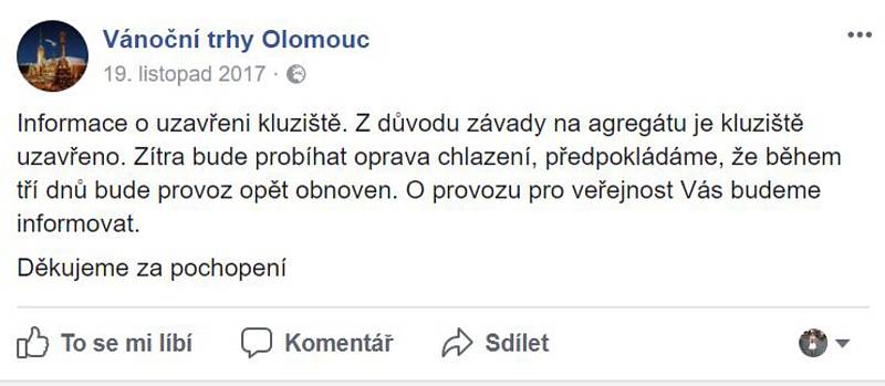 O téměř padesátihodinové odstávce informoval provozovatel kluziště, o.p.s Kulturní Olomouc, na své facebookové stránce