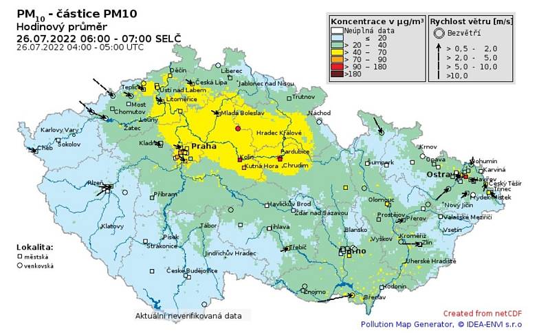 Mapa znečištění pevnými částicemi v ČR 26.7. - hodinový průměr mezi 6.-7. hodinou ráno