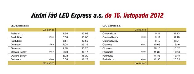 Jízdní řád Leo Express a. s. do 16. listopadu 2012