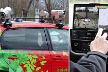 Červený elektromobil se čtyřmi kamerami na střeše využívá městská policie v Olomouci ke kontrolám zaplaceného parkovného v ulicích města.