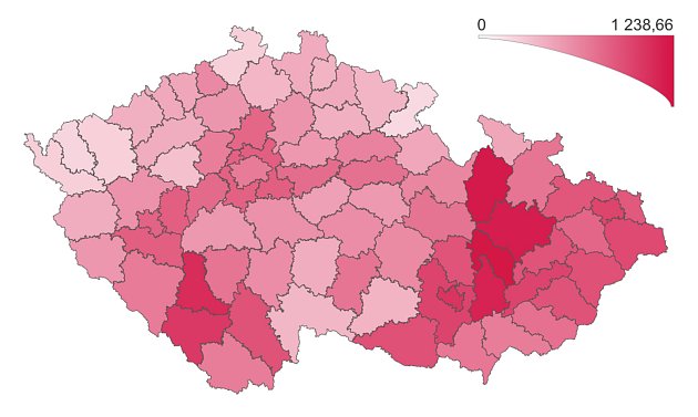 Počet osob s potvrzenou nákazou Covid‑19 za posledních 7 dní na 100 tisíc obyvatel po okresech.