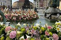 Květinová výzdoba Arionovy kašny na Horním náměstí v Olomouci, 27. srpna 2023