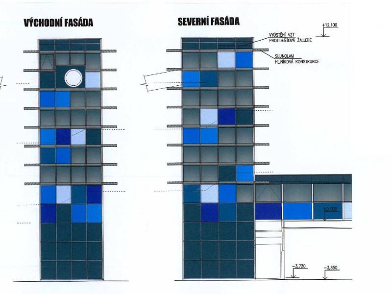 Prosklená fasáda tobogánové věže na plaveckém stadionu v Olomouci, jak by mohla vypadat po rekonstrukci plánované na rok 2017.