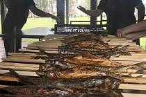 Makrely na klacku pečené u fotbalového hřiště v Blatci
