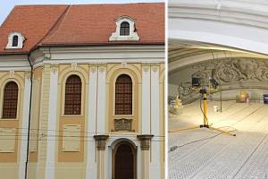 Oprava narušené klenby v historickém sále sv. Kláry ve Vlastivědném muzeu v Olomouci. Restaurátoři ve výšce zhruba dvaceti metrů pracují na obnově původních maleb. Únor 2024