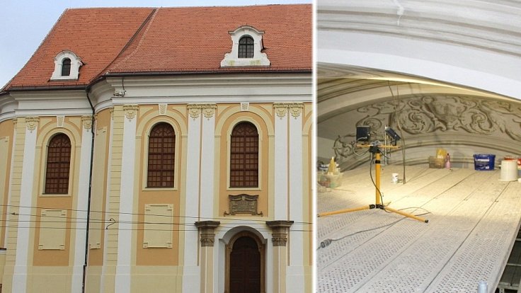 Oprava narušené klenby v historickém sále sv. Kláry ve Vlastivědném muzeu v Olomouci. Restaurátoři ve výšce zhruba dvaceti metrů pracují na obnově původních maleb. Únor 2024