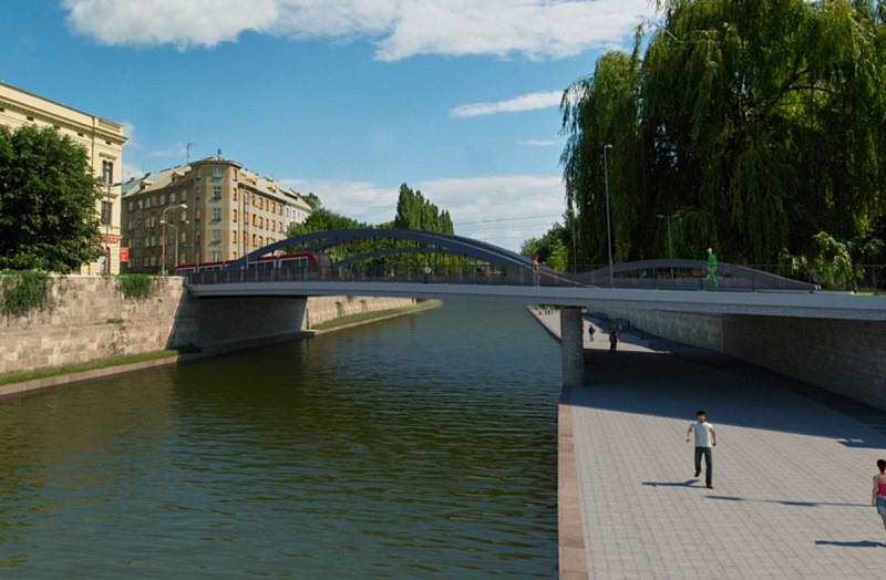 Vizualizace budované náplavky u řeky Moravy mezi mosty v Komenského ulici a na Masarykově třídě v Olomouci