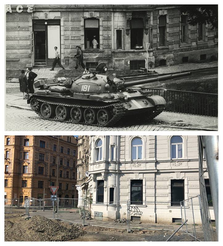 Okupační tank v srpnu 1968 před restaurací Bristol na mostě přes Moravu. Po padesáti letech je most pryč, chystá se stavba nového