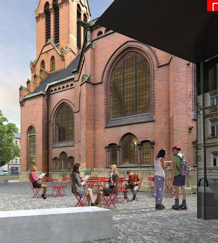 Vizualizace proměny a dostavby Červeného kostela v Olomouci