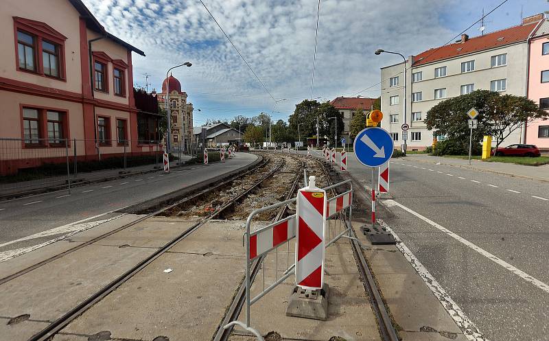 Oprava tramvajových kolejí v Litovelské ulici v Olomouci.