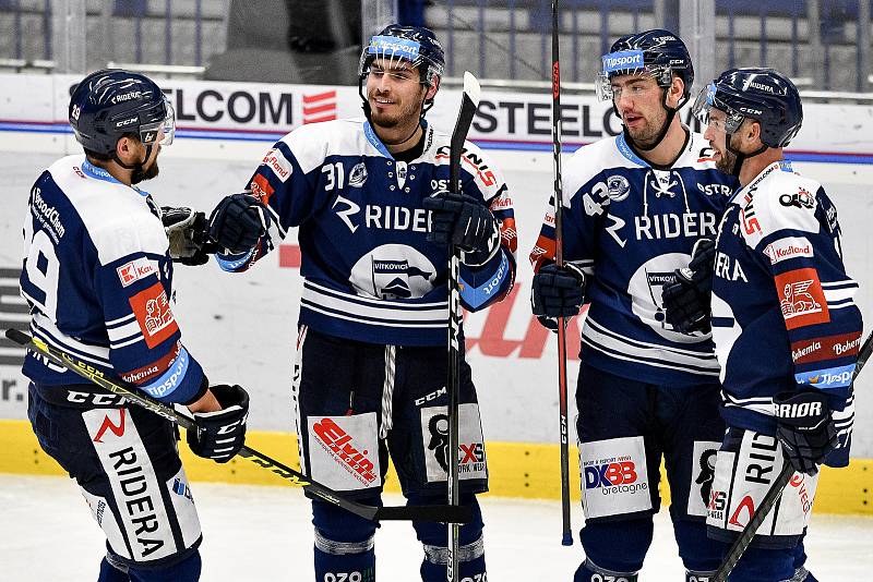 Utkání 38. kola hokejové extraligy: HC Vítkovice Ridera - HC Olomouc, 22. Ledna 2021 v Ostravě. (střed) Dominik Lakatoš z Vítkovic oslavuje gól.