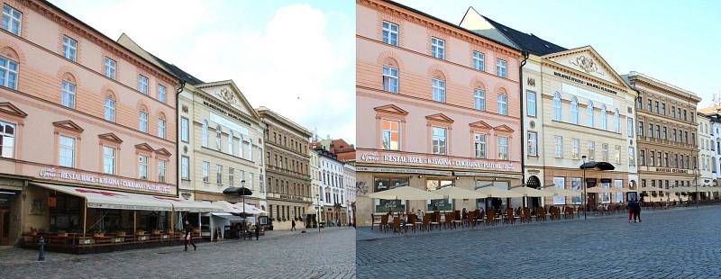 Horní náměstí. Vizualizace možné podoby restauračních zahrádek podle požadavků olomouckého magistrátu. Vlevo aktuální reálná podoba