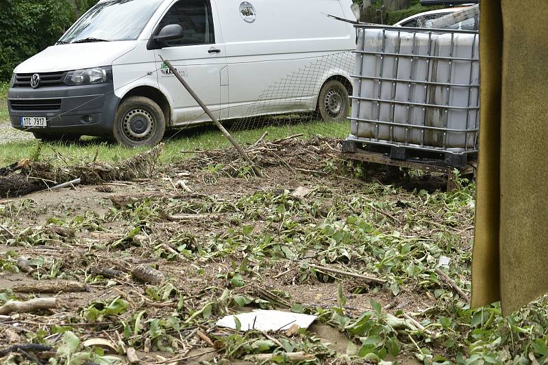 Pozemek paní Berkové z Břevence po bleskové povodni, 9. 6. 2020