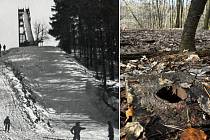 Skokanský můstek v Pohořanech na fotografii z obrazové publikace s názvem Olomoucko vydané v roce 1977.  Vpravo pozůstatky skokanského můstku na okraji Pohořan v lednu 2024