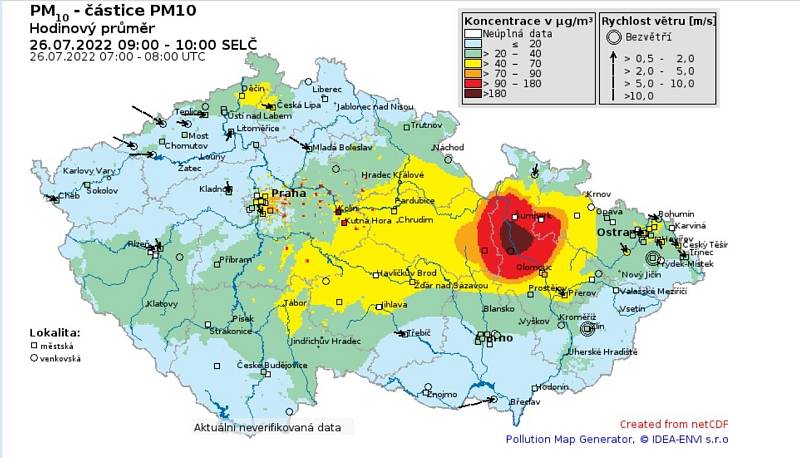 Mapa znečištění pevnými částicemi v ČR 26.7. - hodinový průměr mezi 8.-9. hodinou ráno