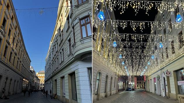 Světelná výzdoba v ulici 28. října v Olomouci v listopadu 2022 (vlevo) a loni s originálními barevnými žárovkami (vpravo)